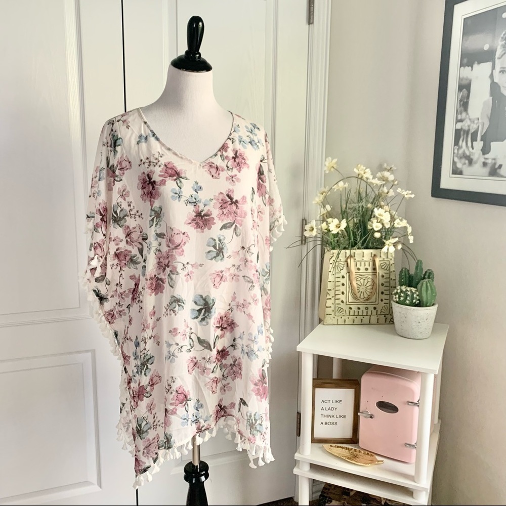 Chiffon Floral Tassel Sheer Cover Up